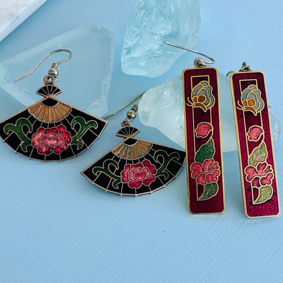 Vintage Jewelry - VINTAGE  Set of 2 Pair Cloisonné Enamel  Dangle Earrings